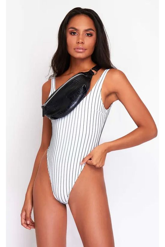 Goddiva High Leg Swimsuit In Black & White Pinstripe By Maribela