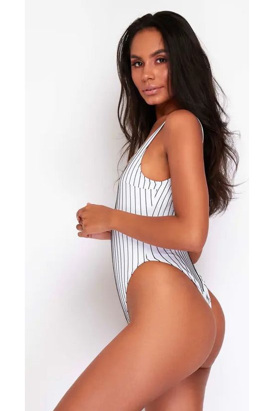 Goddiva High Leg Swimsuit In Black & White Pinstripe By Maribela