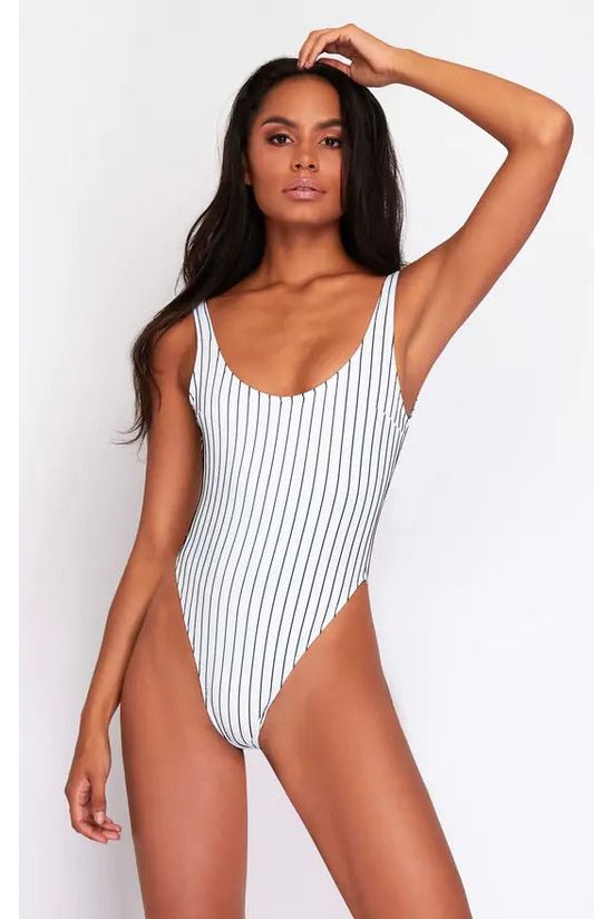 goddiva High Leg Swimsuit In Black & White Pinstripe by Maribela