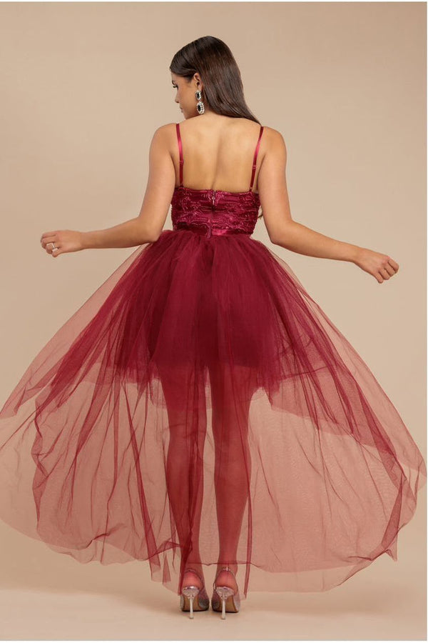 Goddiva High Low Tulle Mini With Lace Bodice - Wine By Goddiva