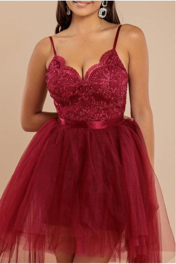 Goddiva High Low Tulle Mini With Lace Bodice - Wine By Goddiva