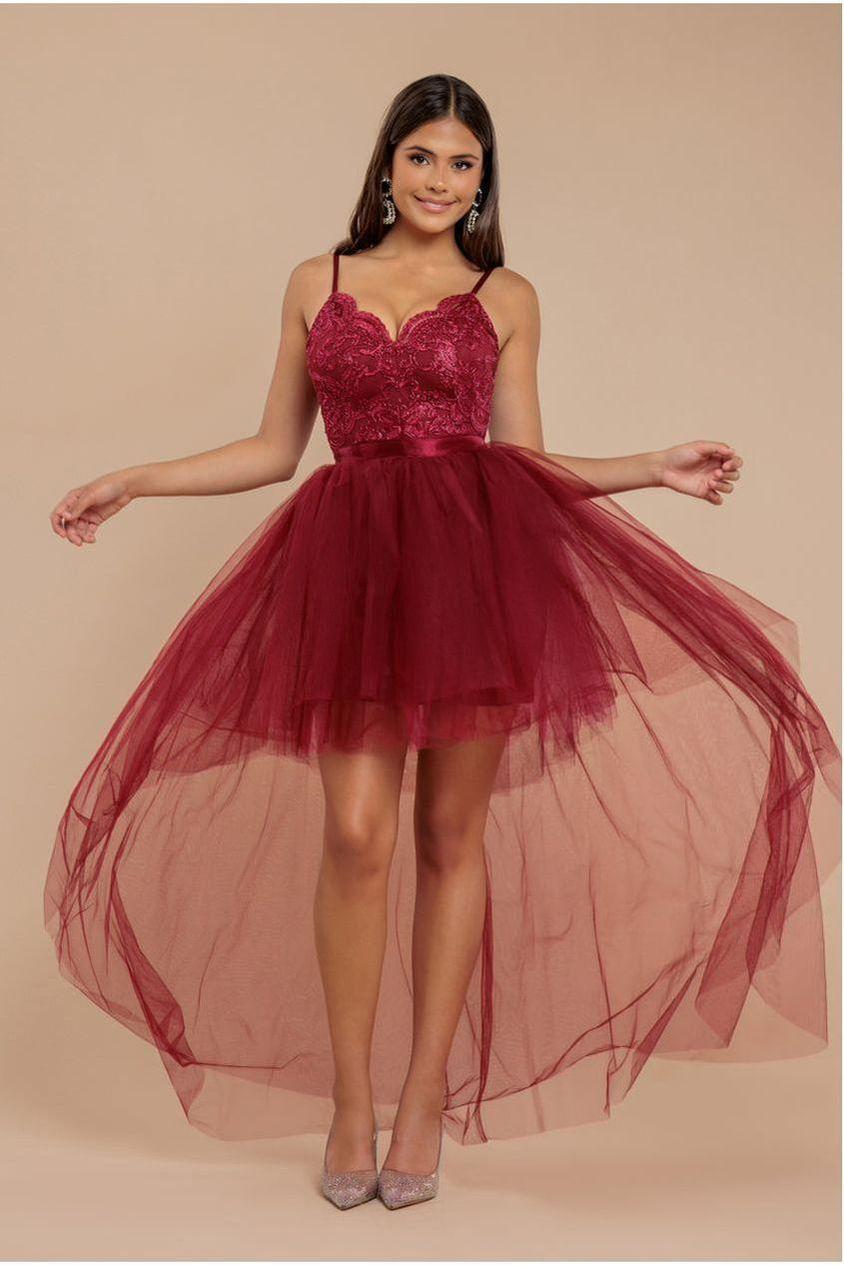 goddiva High Low Tulle Mini With Lace Bodice - Wine by Goddiva