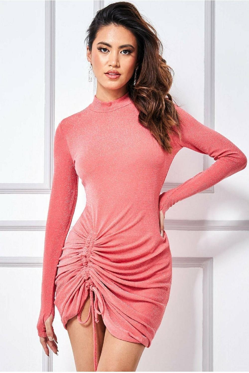 goddiva High Neck Drawstring Mini Dress - Coral by City Goddess