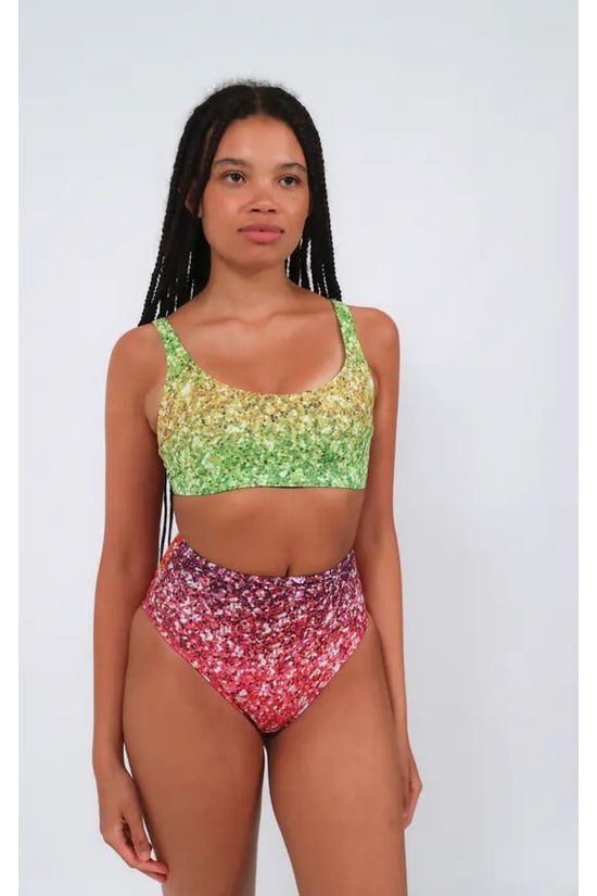 Goddiva High Waist Bikini Bottoms In Rainbow Glitter Print By Maribela