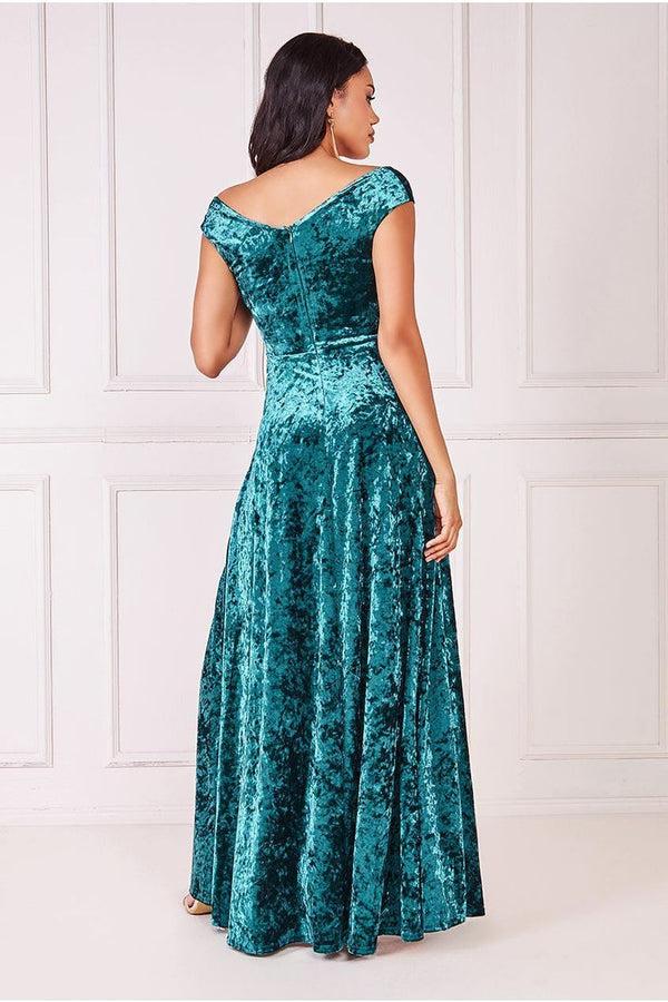 Goddiva Ice Velvet Bardot Wrap Maxi - Emerald Green By Goddiva