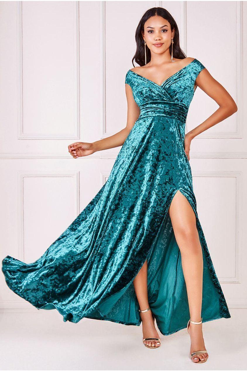 goddiva Ice Velvet Bardot Wrap Maxi - Emerald Green by Goddiva