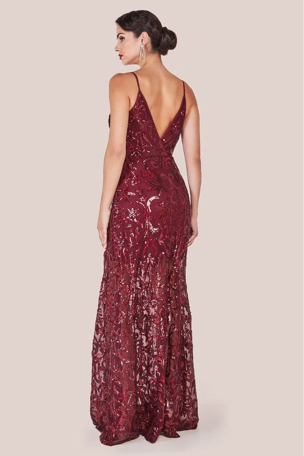 Goddiva Iridescent Sequin Maxi With Front Split - Burgundy By Goddiva