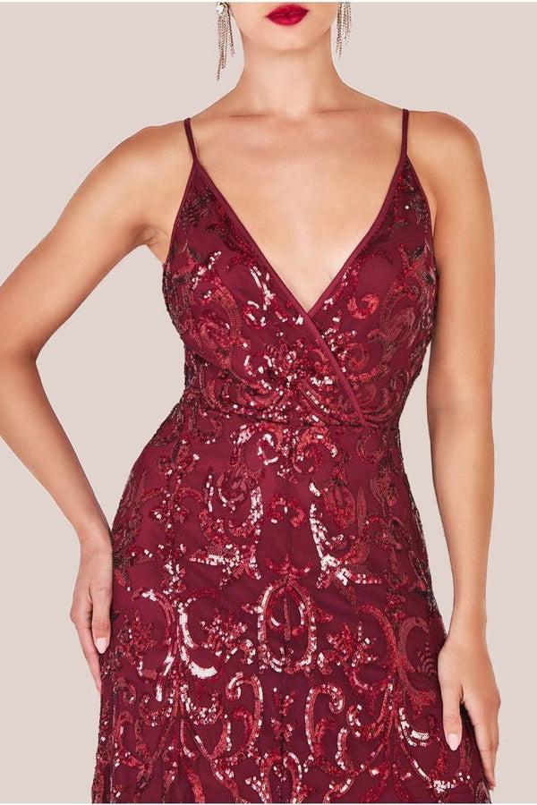 Goddiva Iridescent Sequin Maxi With Front Split - Burgundy By Goddiva