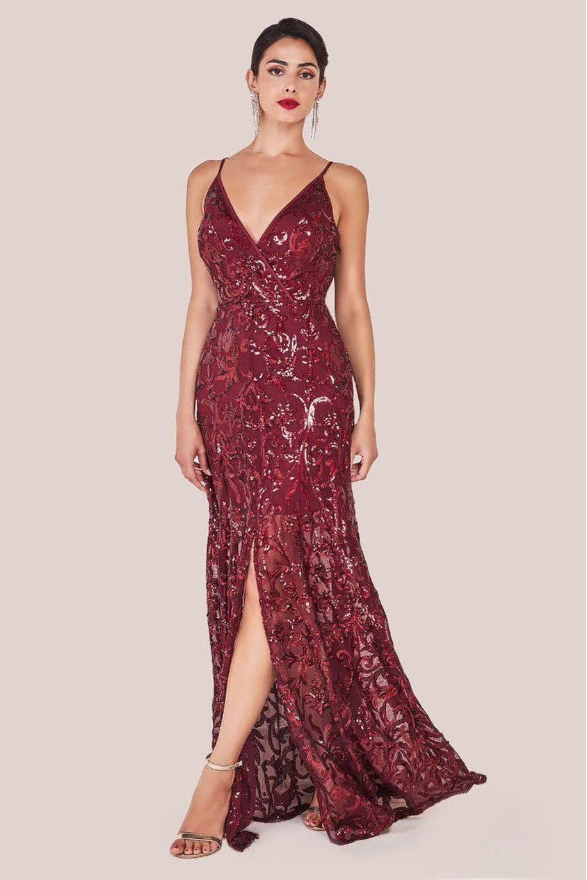 goddiva Iridescent Sequin Maxi With Front Split - Burgundy by Goddiva