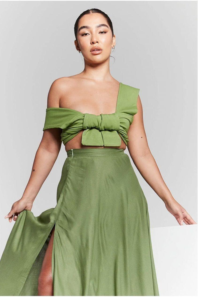 goddiva Isla Olive Green Multiway Tie Wrap Top by InFlair