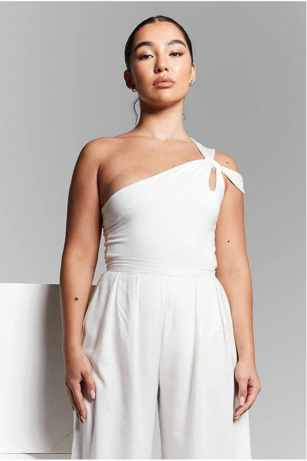 Goddiva Ivory One Shoulder Knot Bodysuit By InFlair