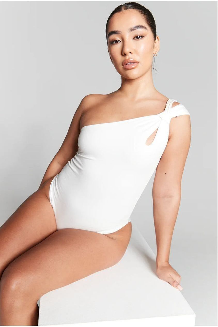 goddiva Ivory One Shoulder Knot Bodysuit by InFlair