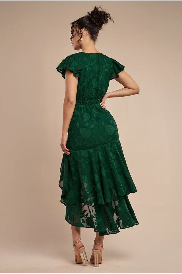 Goddiva Jacquard Chiffon Wrap High Low Midaxi Dress - Emerald Green By Goddiva