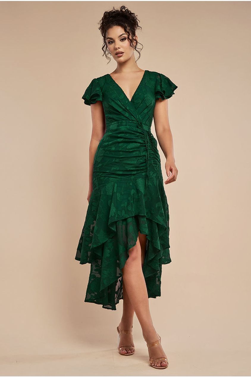 goddiva Jacquard Chiffon Wrap High Low Midaxi Dress - Emerald Green by Goddiva