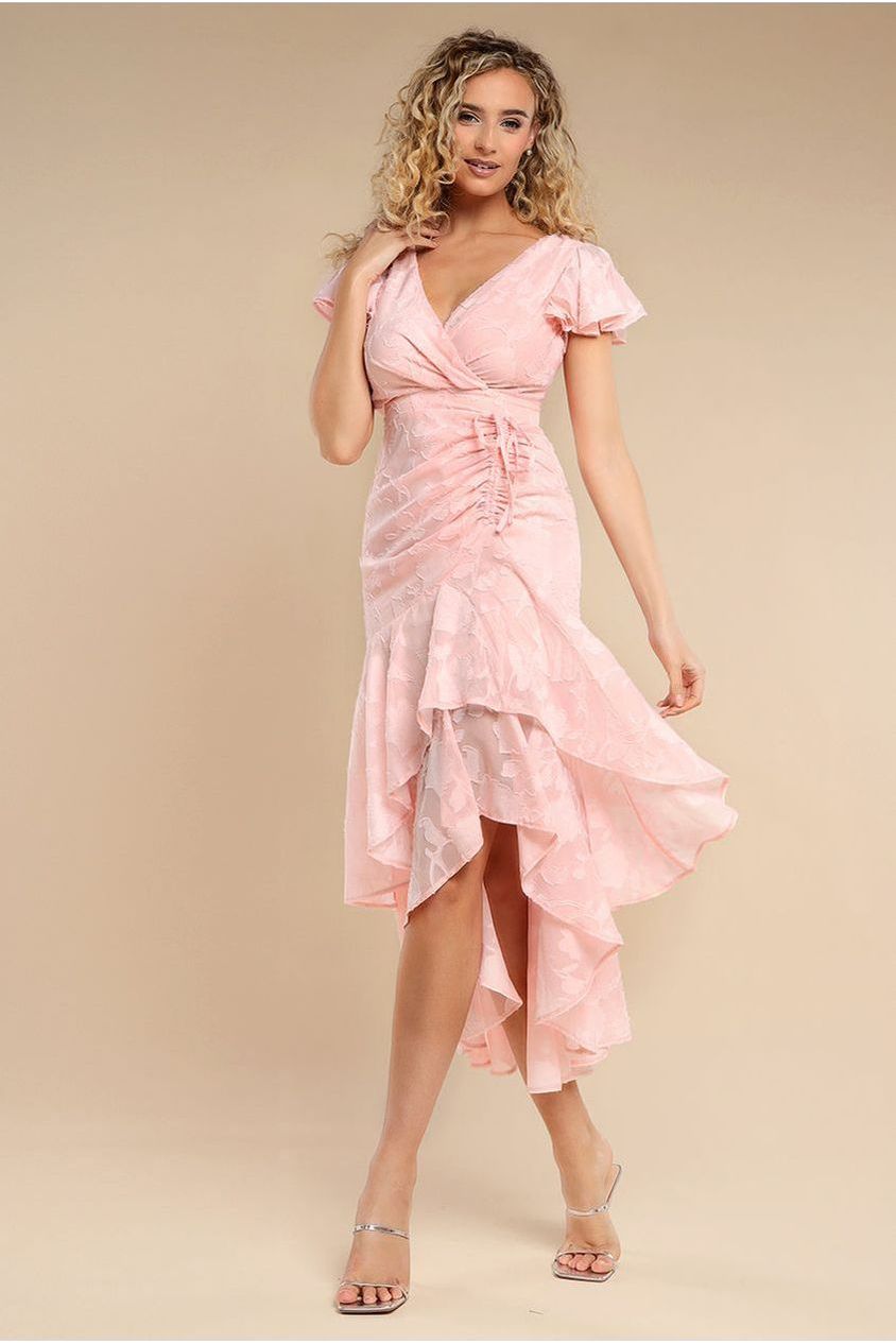 goddiva Jacquard Chiffon Wrap High Low Midaxi Dress - Pink by Goddiva