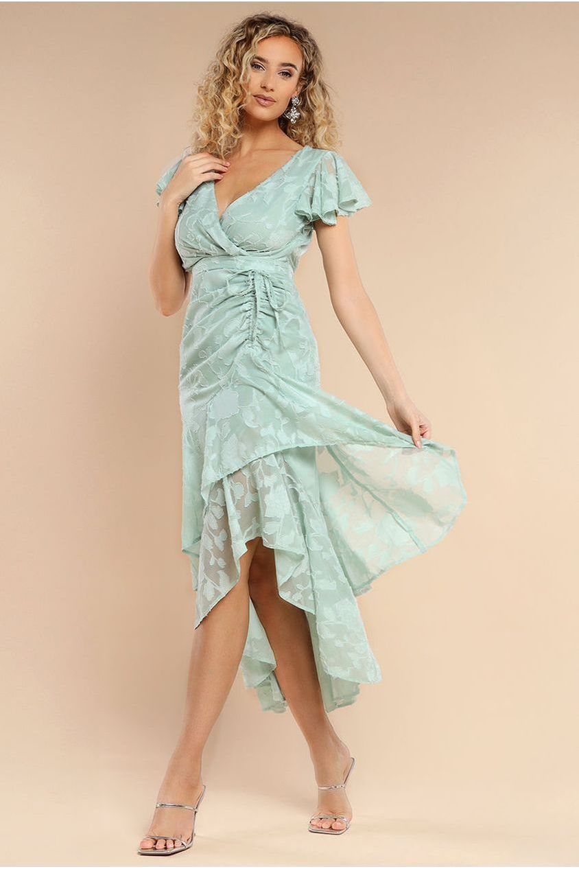 goddiva Jacquard Chiffon Wrap High Low Midaxi Dress - SageGreen by Goddiva