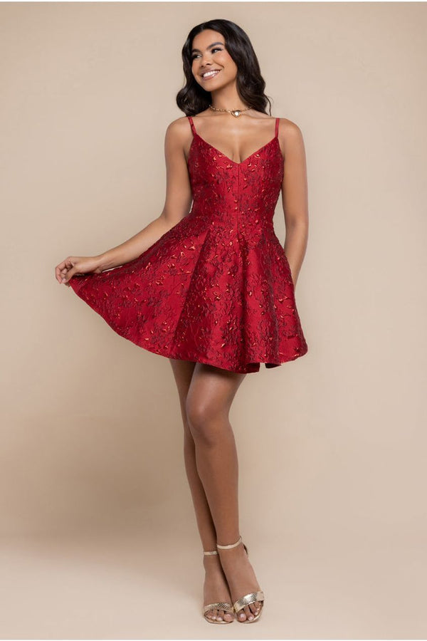 Goddiva Jacquard Sleeveless A-line Mini Dress - Red By Goddiva