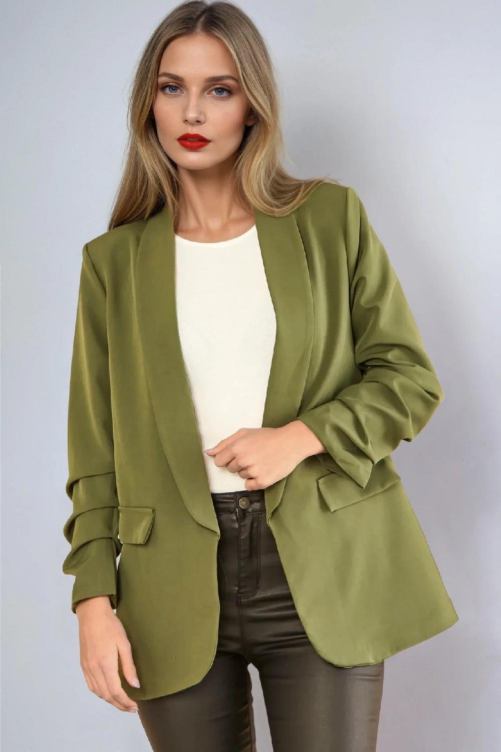 goddiva Khaki Blazer With Ruched Sleeves by Aftershock London