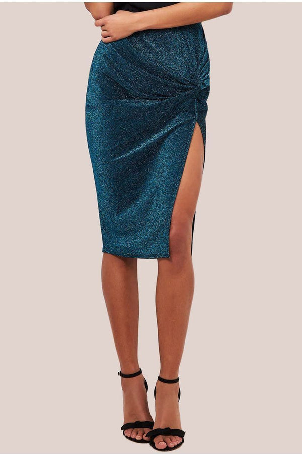 Goddiva Knot Front Thigh Split Midi Skirt - Blue By Goddiva