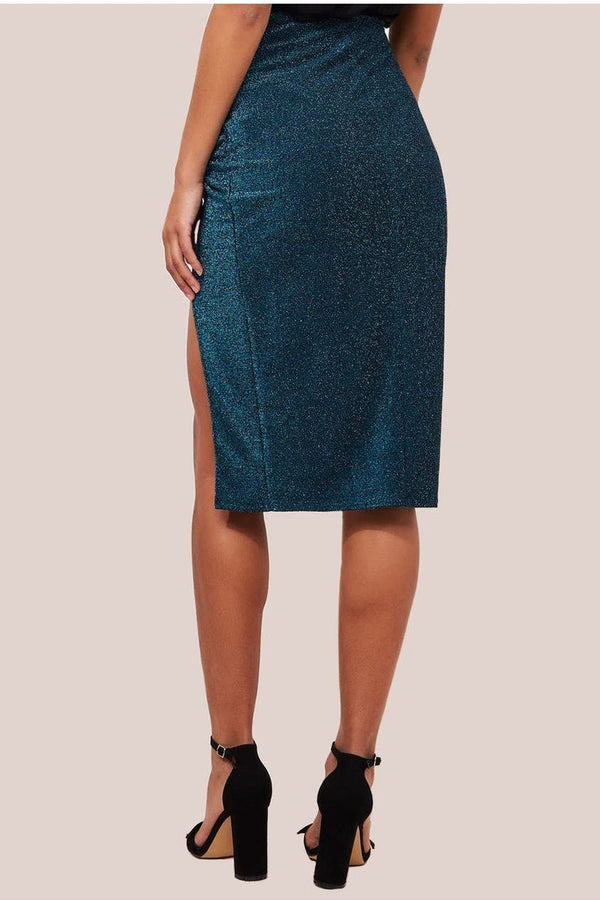 Goddiva Knot Front Thigh Split Midi Skirt - Blue By Goddiva