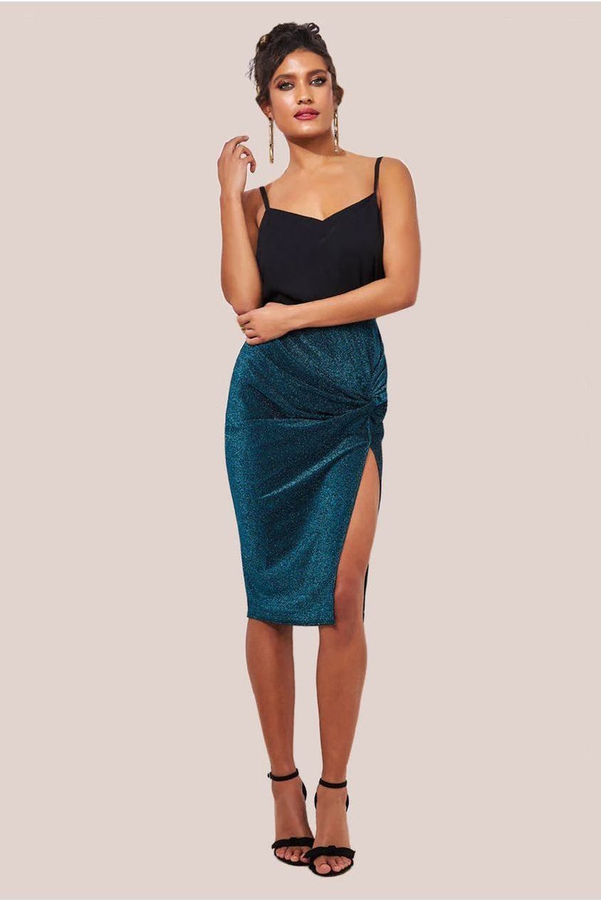 goddiva Knot Front Thigh Split Midi Skirt - Blue by Goddiva