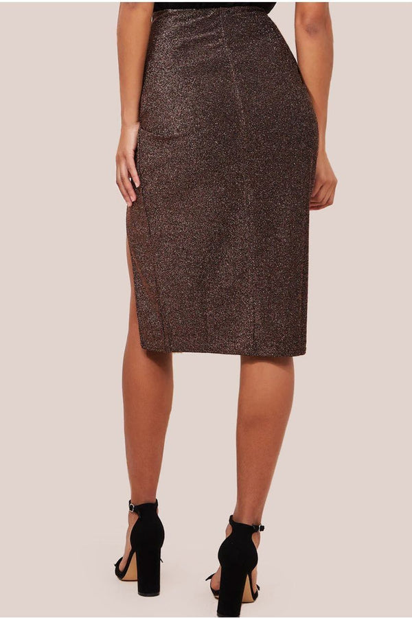 Goddiva Knot Front Thigh Split Midi Skirt - Bronze By Goddiva