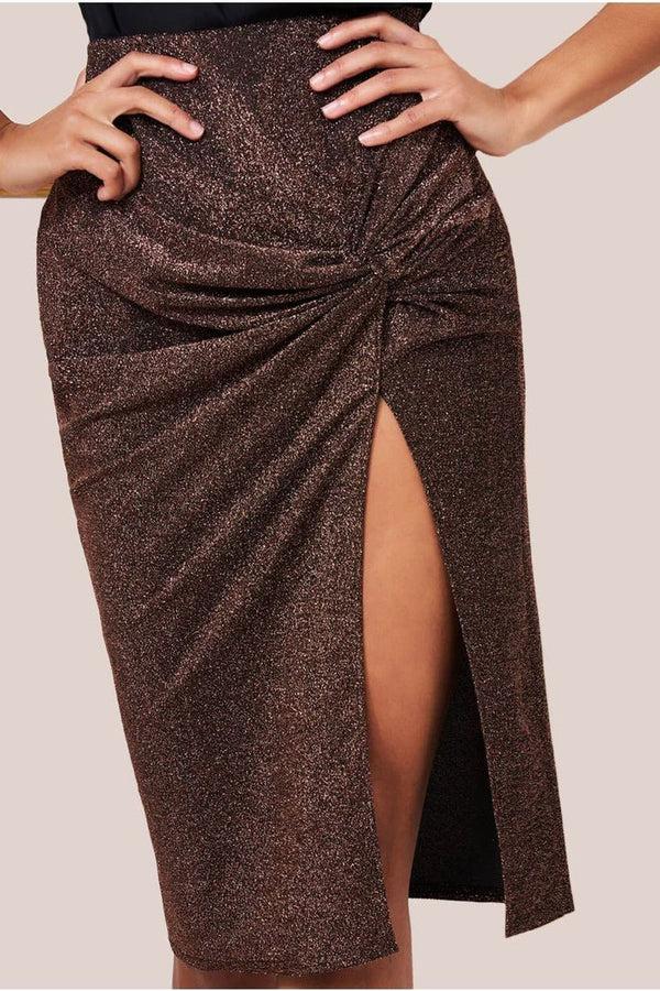 Goddiva Knot Front Thigh Split Midi Skirt - Bronze By Goddiva