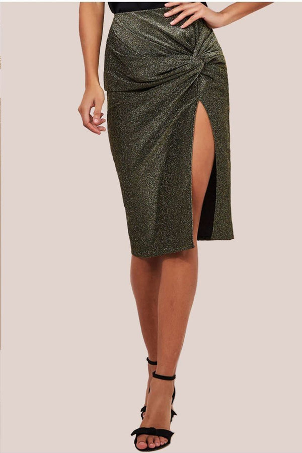Goddiva Knot Front Thigh Split Midi Skirt - Gold By Goddiva