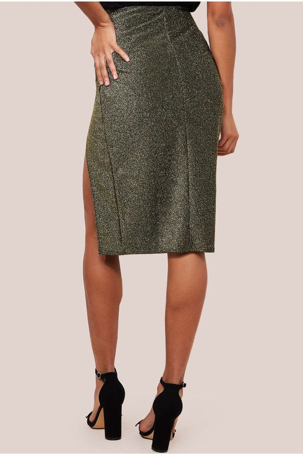 Goddiva Knot Front Thigh Split Midi Skirt - Gold By Goddiva