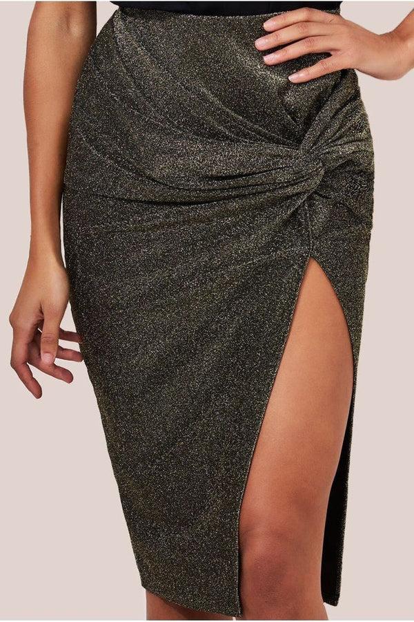 Goddiva Knot Front Thigh Split Midi Skirt - Gold By Goddiva