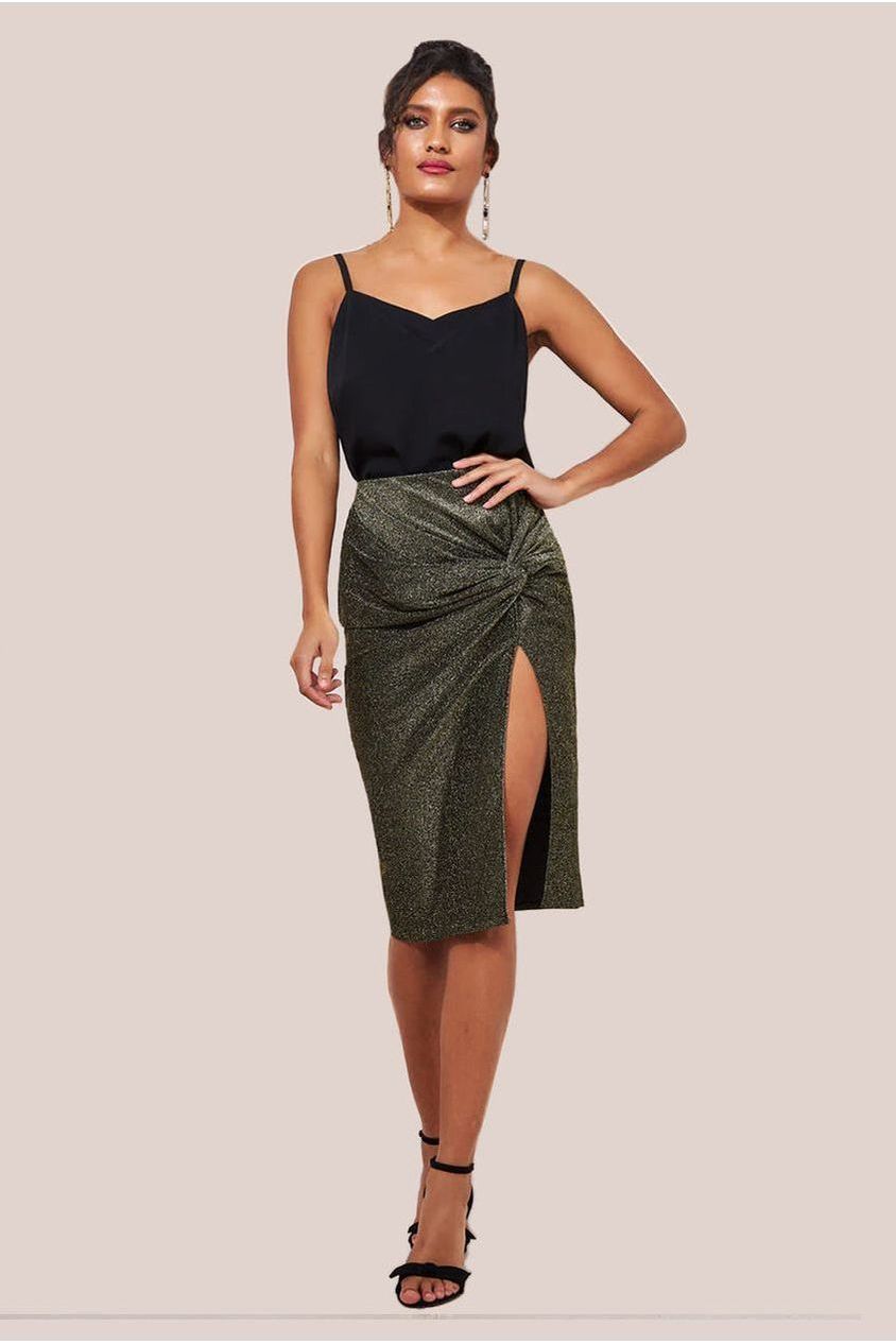 goddiva Knot Front Thigh Split Midi Skirt - Gold by Goddiva