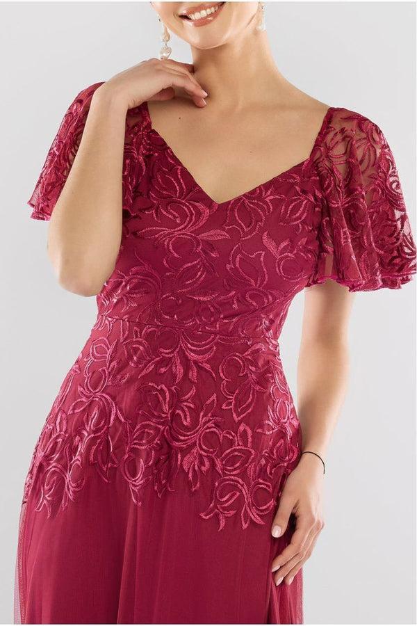 Goddiva Lace Flutter Sleeve Embroidered Mesh A Line Maxi Dress - Burgundy By Goddiva