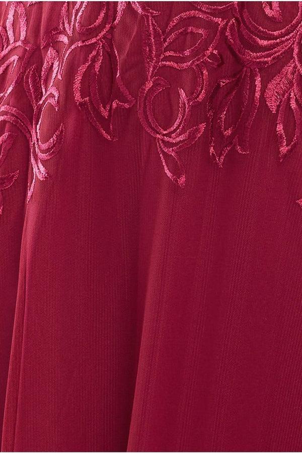 Goddiva Lace Flutter Sleeve Embroidered Mesh A Line Maxi Dress - Burgundy By Goddiva
