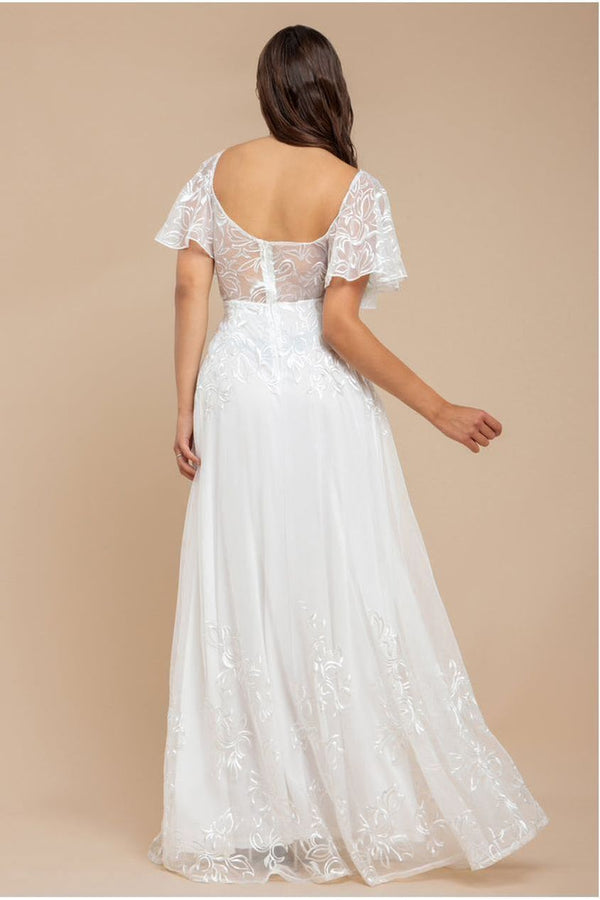 Goddiva Lace Flutter Sleeve Embroidered Mesh A Line Maxi Dress - White By Goddiva