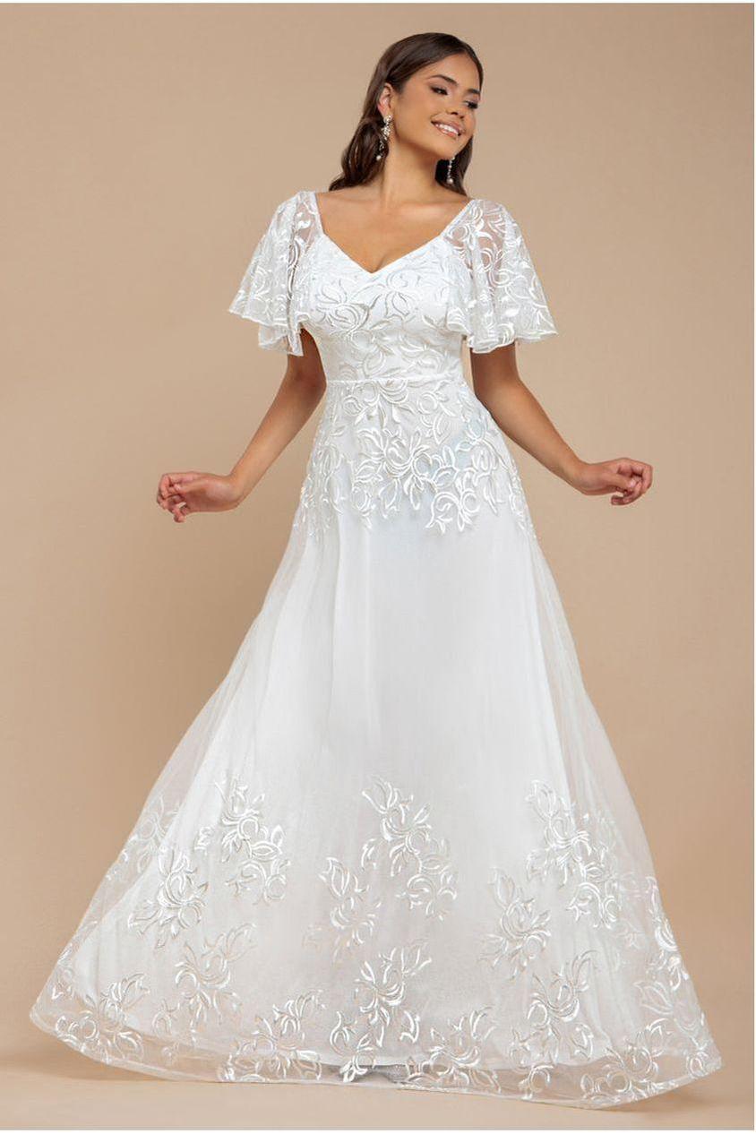 goddiva Lace Flutter Sleeve Embroidered Mesh A Line Maxi Dress - White by Goddiva