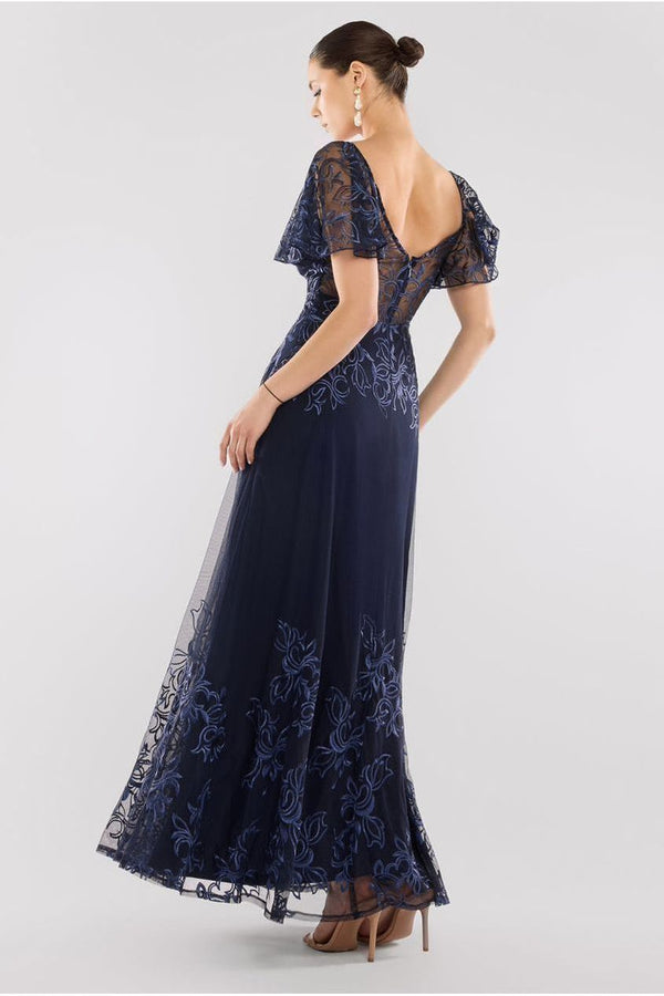 Goddiva Lace Flutter Sleeve Embroidered Mesh A Line Maxi Dress - Navy Blue By Goddiva