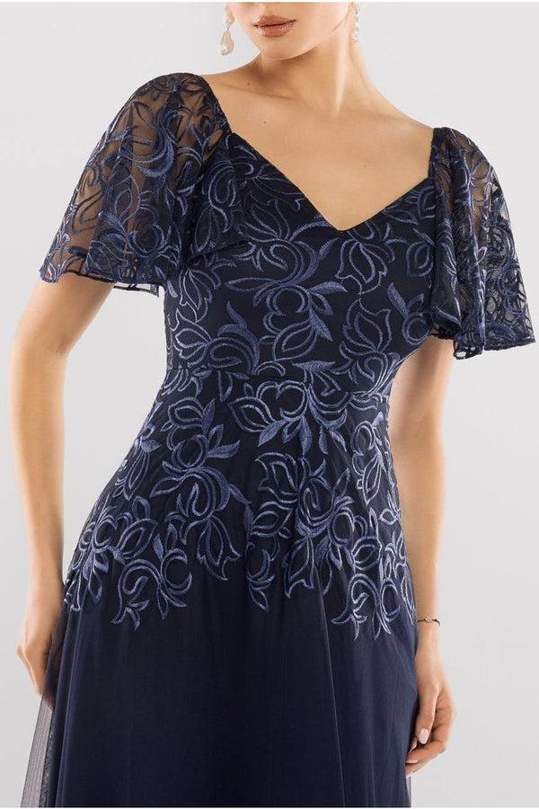 Goddiva Lace Flutter Sleeve Embroidered Mesh A Line Maxi Dress - Navy Blue By Goddiva