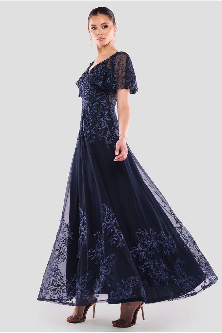 goddiva Lace Flutter Sleeve Embroidered Mesh A Line Maxi Dress - Navy Blue by Goddiva