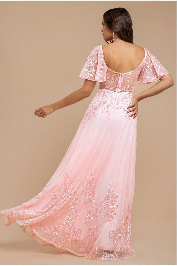 Goddiva Lace Flutter Sleeve Embroidered Mesh A Line Maxi Dress - Pink By Goddiva