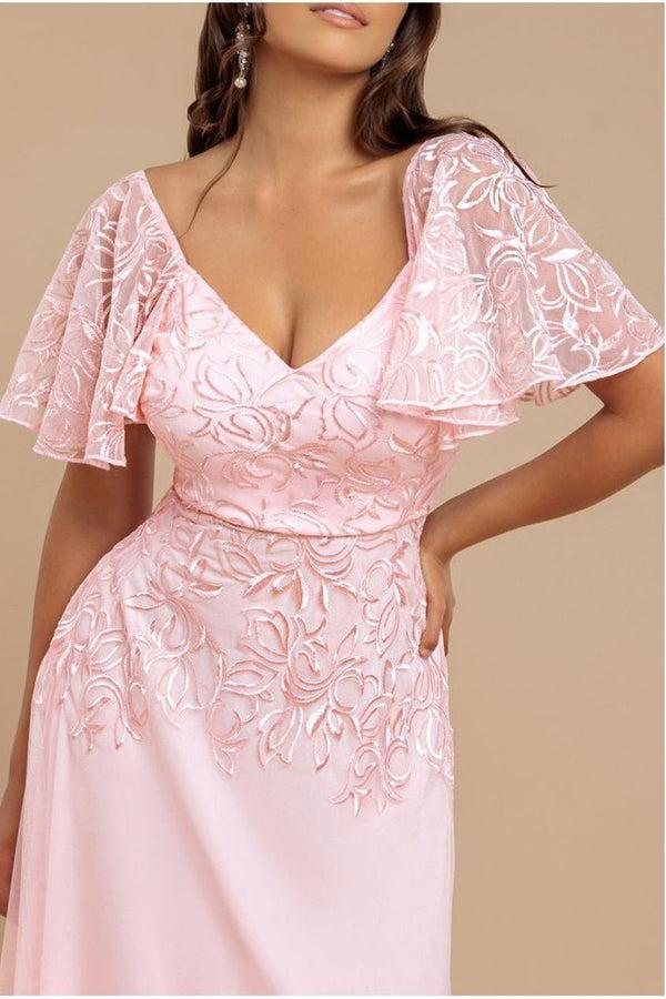 Goddiva Lace Flutter Sleeve Embroidered Mesh A Line Maxi Dress - Pink By Goddiva