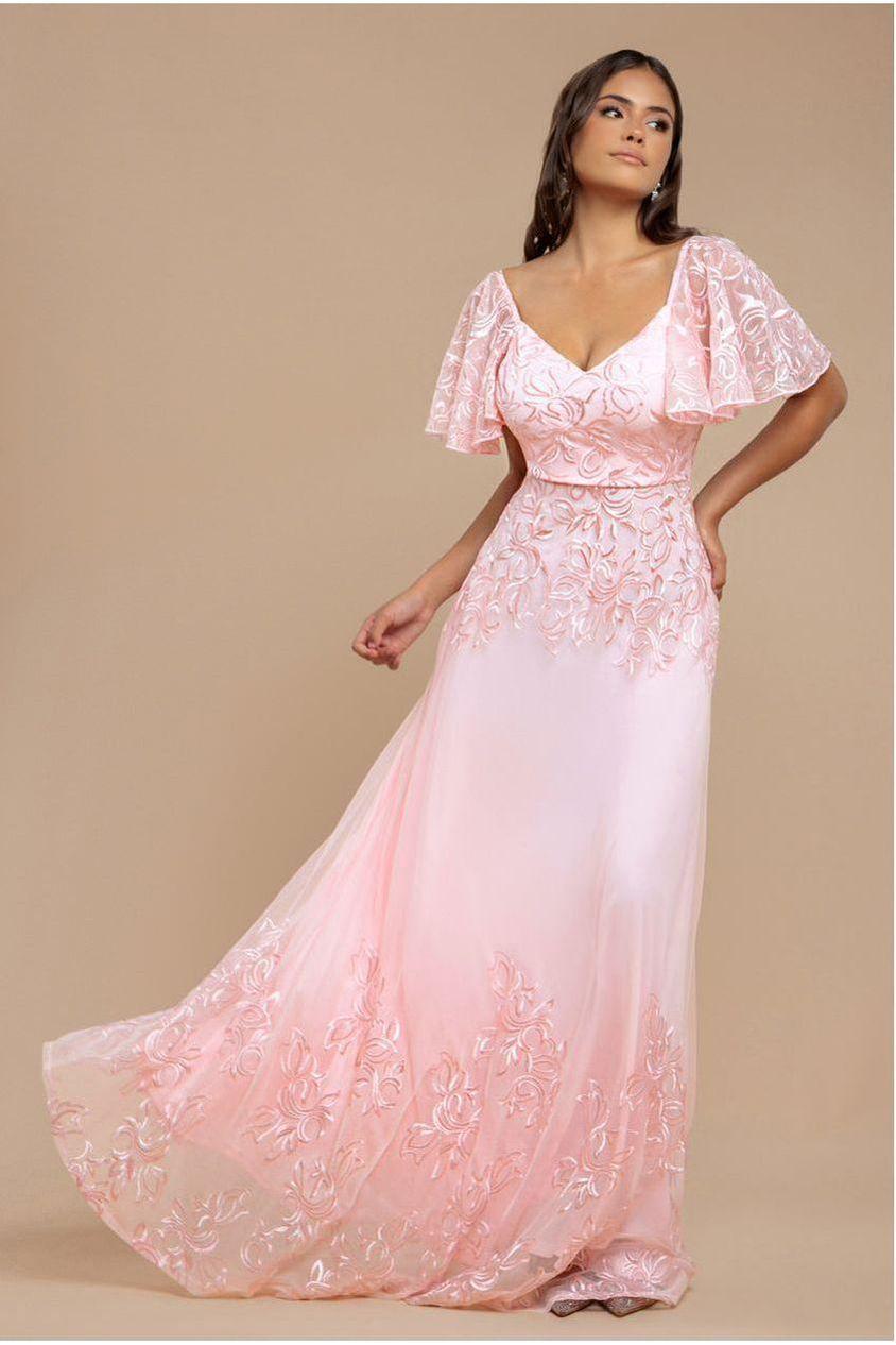 goddiva Lace Flutter Sleeve Embroidered Mesh A Line Maxi Dress - Pink by Goddiva