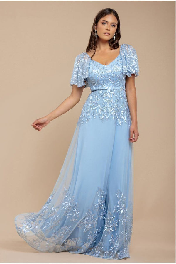 Goddiva Lace Flutter Sleeve Embroidered Mesh A Line Maxi Dress - Blue By Goddiva