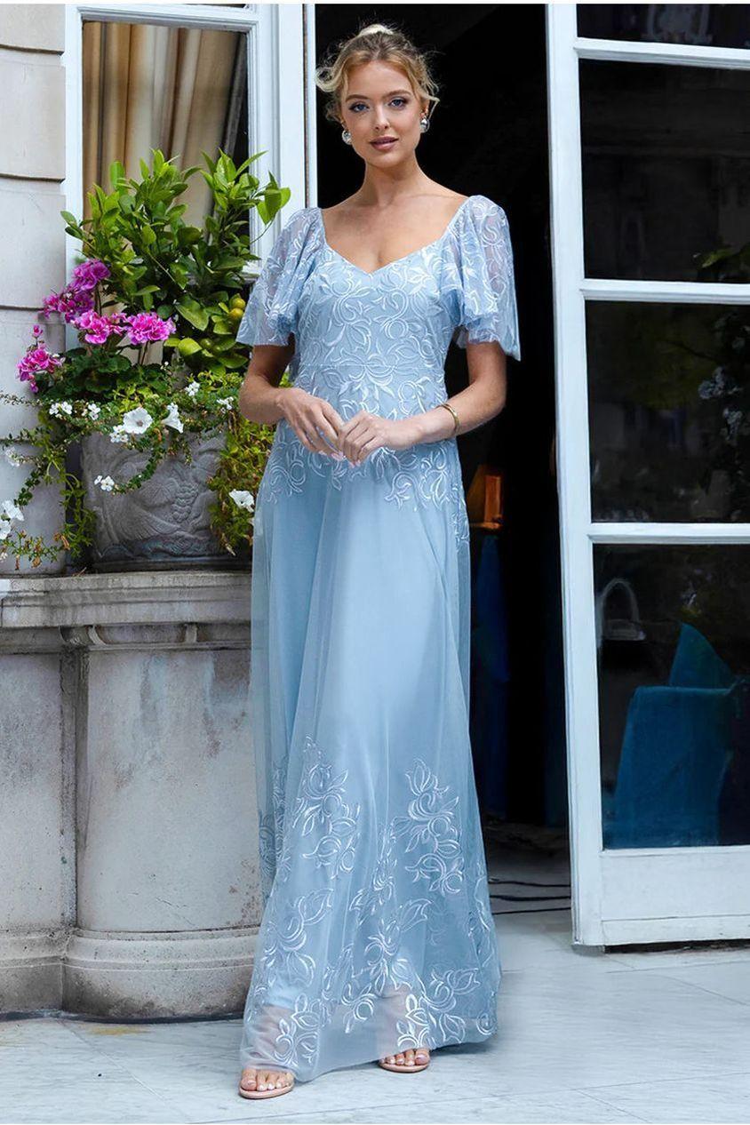 goddiva Lace Flutter Sleeve Embroidered Mesh A Line Maxi Dress - Blue by Goddiva