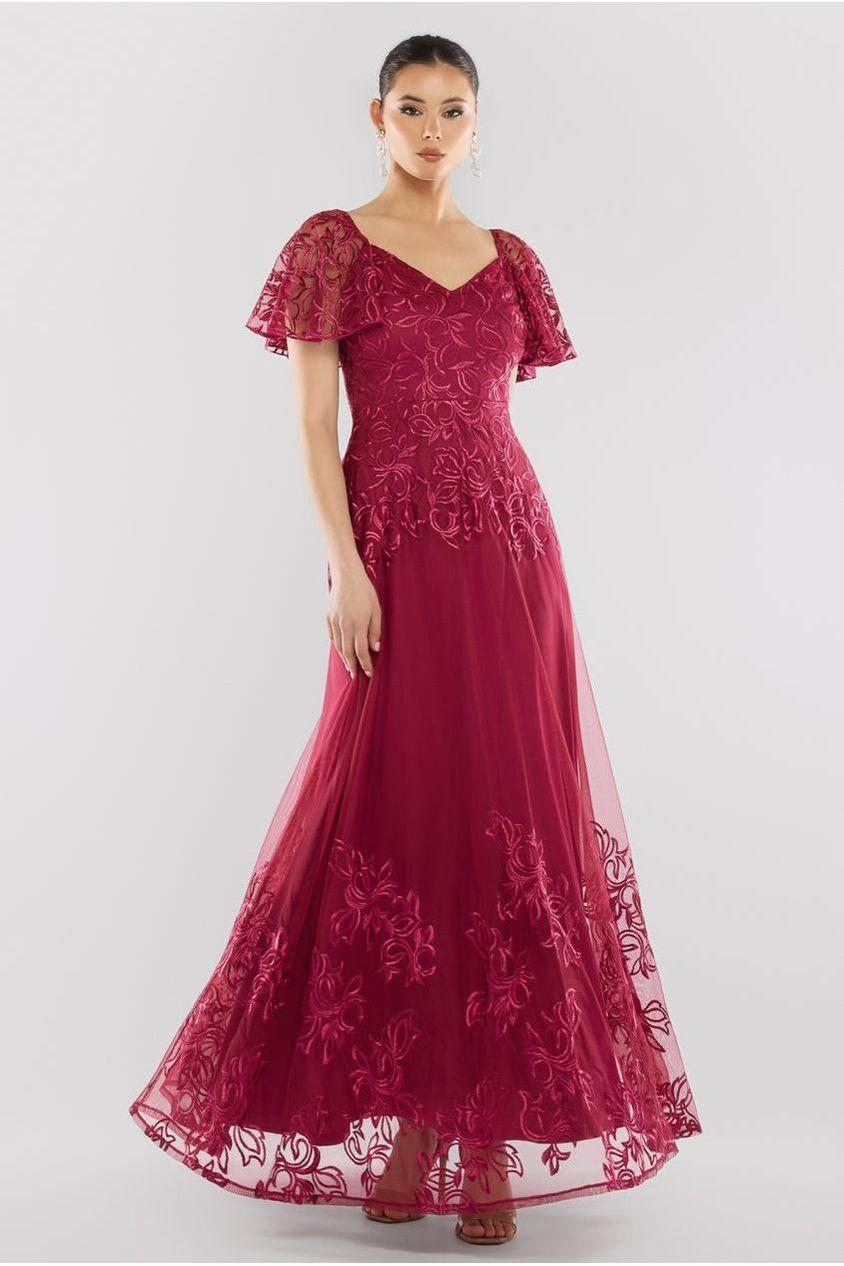 goddiva Lace Flutter Sleeve Embroidered Mesh A Line Maxi Dress - Burgundy by Goddiva