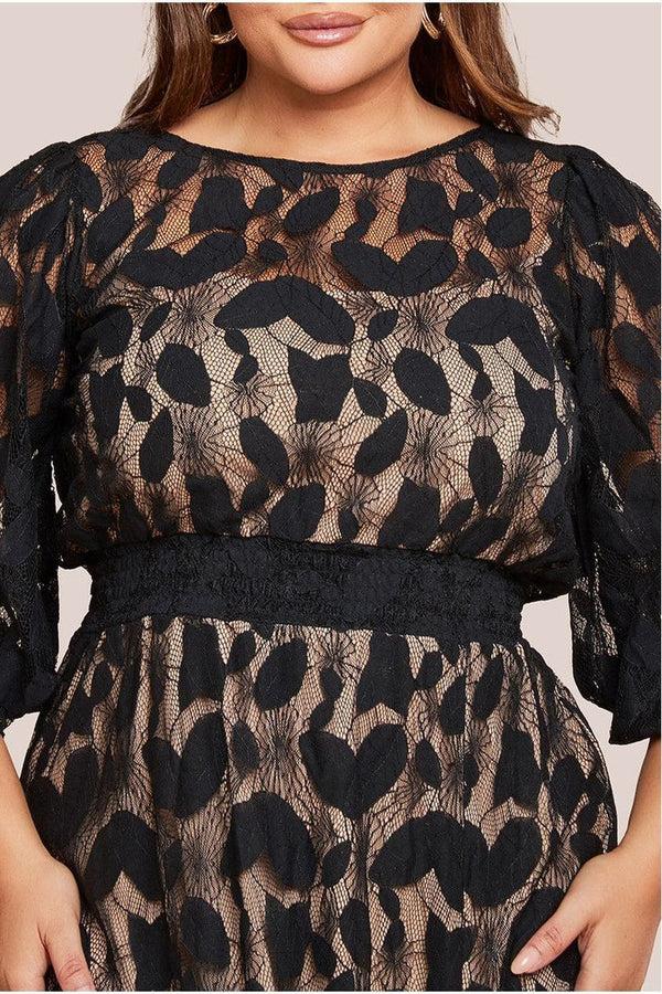 Goddiva Lace Front Split Long Sleeve Maxi Dress - Black By Goddiva Plus