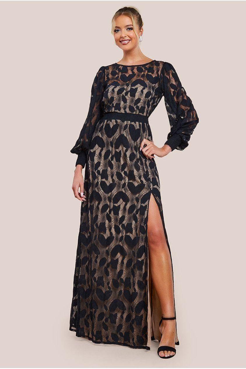 goddiva Lace Front Split Long Sleeve Maxi Dress - Black by Goddiva
