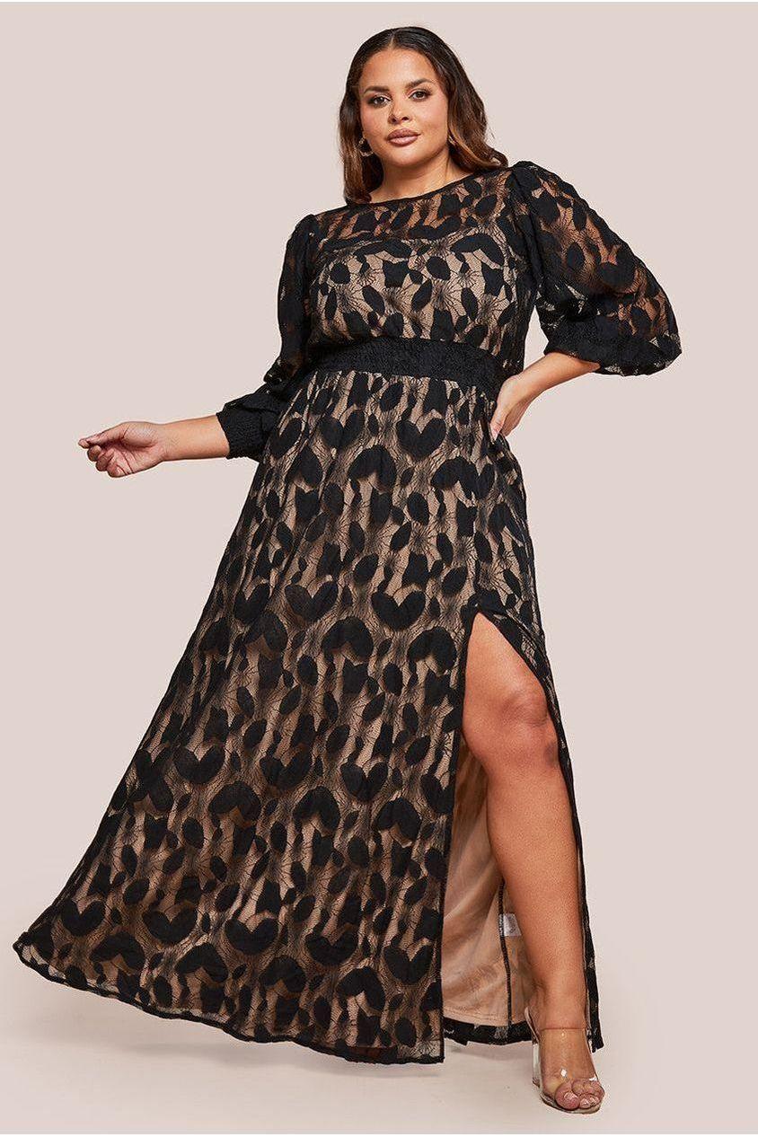 goddiva Lace Front Split Long Sleeve Maxi Dress - Black by Goddiva Plus