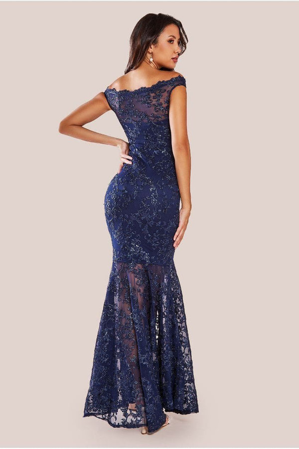 Goddiva Lace Scallop Edge Mermaid Maxi Dress - Navy By Goddiva