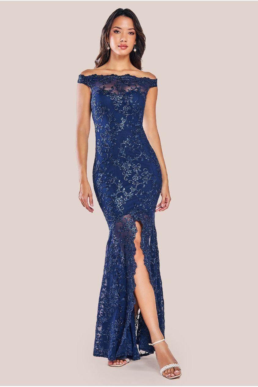 goddiva Lace Scallop Edge Mermaid Maxi Dress - Navy by Goddiva