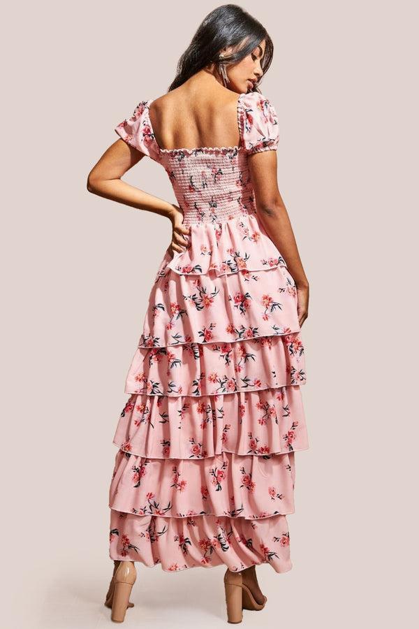 Goddiva Layered Dipped Hem Floral Maxi - Peach By Goddiva